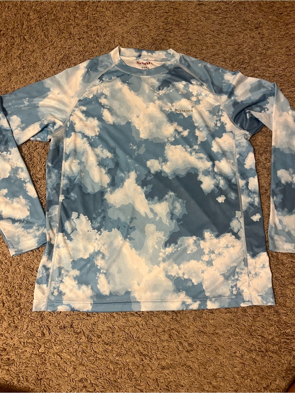 Simms Sky Cloud Print Long Sleeve Performance Shirt - Light Blue & White